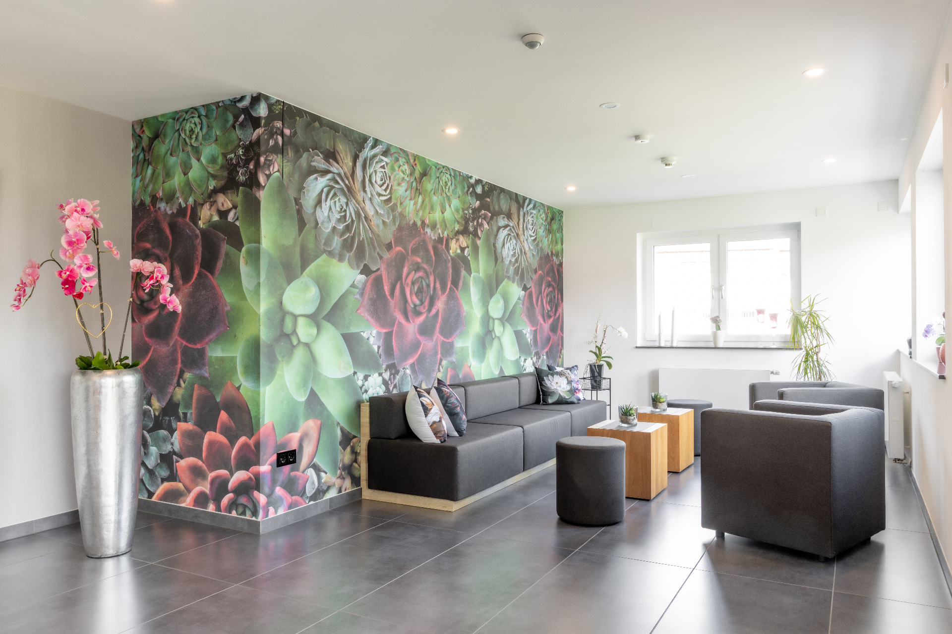 Lounge-Bereich mit Sukkulenten-Wandbild, Boardinghouse Karlsdorf-Neuthard
